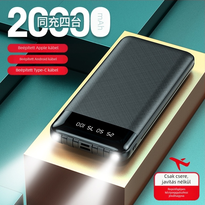 10000mAh külső akkumulátor beépített kábellel és digitális kijelzővel