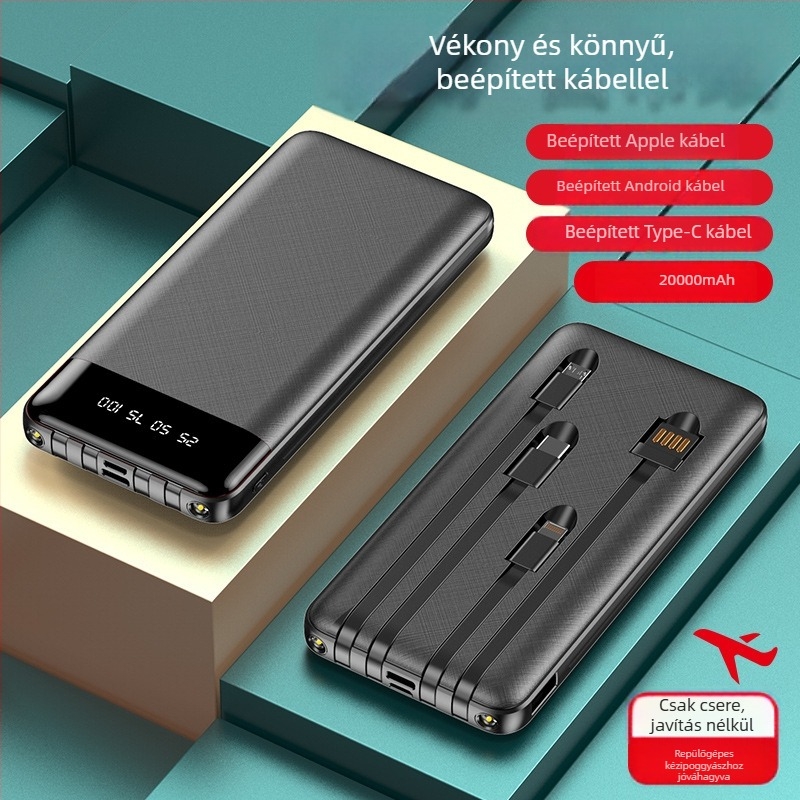 10000mAh külső akkumulátor beépített kábellel és digitális kijelzővel