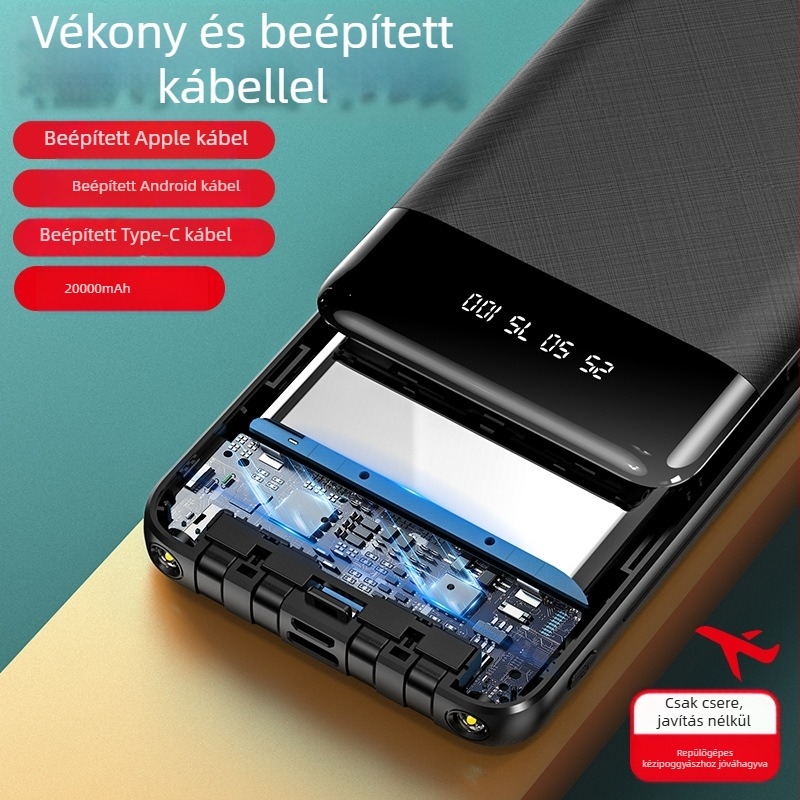 10000mAh külső akkumulátor beépített kábellel és digitális kijelzővel