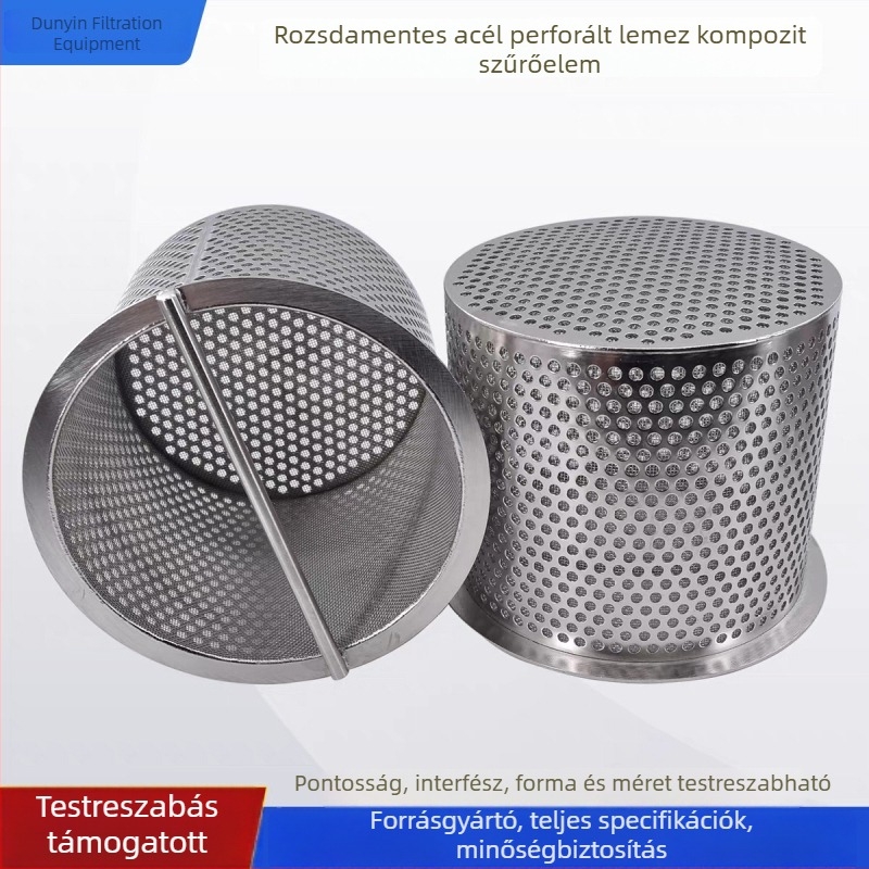 Kosár alakú szűrőelem flangszűrő hálóval, perforált csővel és rozsdamentes acél szűrőhengerrel