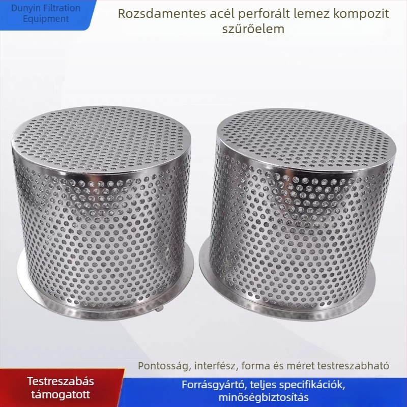 Kosár alakú szűrőelem flangszűrő hálóval, perforált csővel és rozsdamentes acél szűrőhengerrel