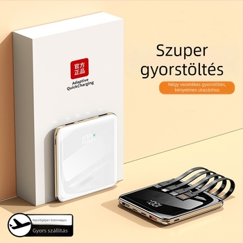 10000mAh ultra vékony hordozható powerbank négy beépített kábellel és PD gyors töltéssel