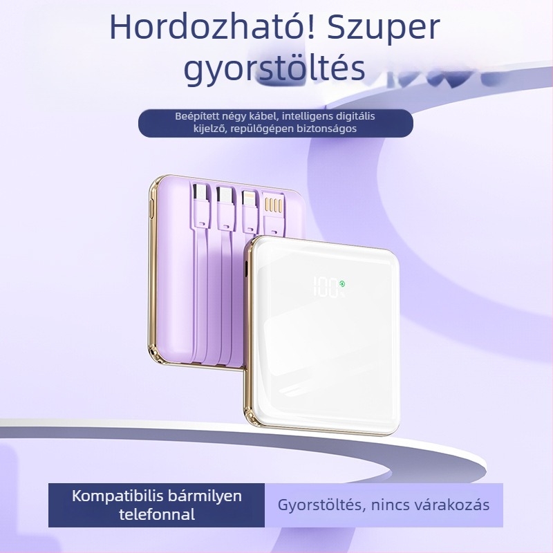 10000mAh ultra vékony hordozható powerbank négy beépített kábellel és PD gyors töltéssel
