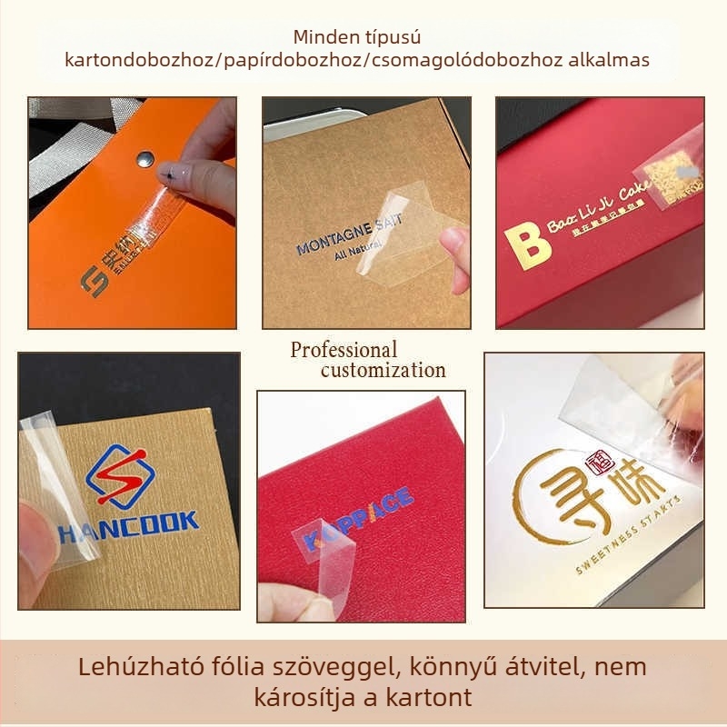 Személyre szabott papírdoboz transzfer matricák, kristályhatású csomagolási címkék, logótervező matricák, lehúzható szöveges matricák, átlátszó matricák