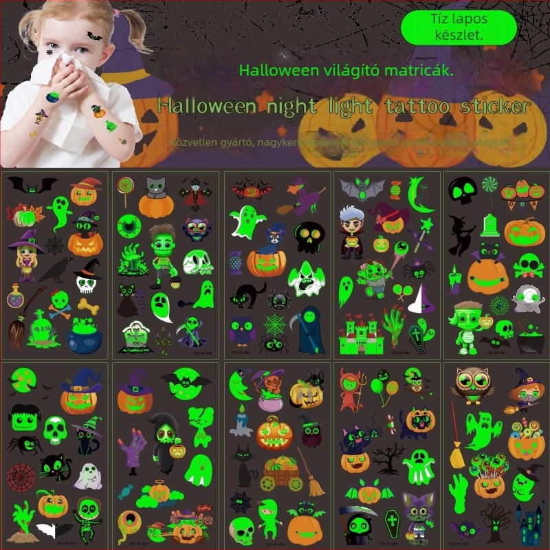 Halloween fénylő gyerekeknek szóló karikatúra tetoválások, ideiglenes tök mintákkal