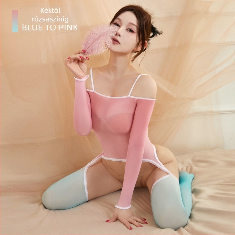 Nylonból készült gradient harisnyabodi nőknek, nyitott intim zóna, testhezálló, fényes felület, váll nélküli felső