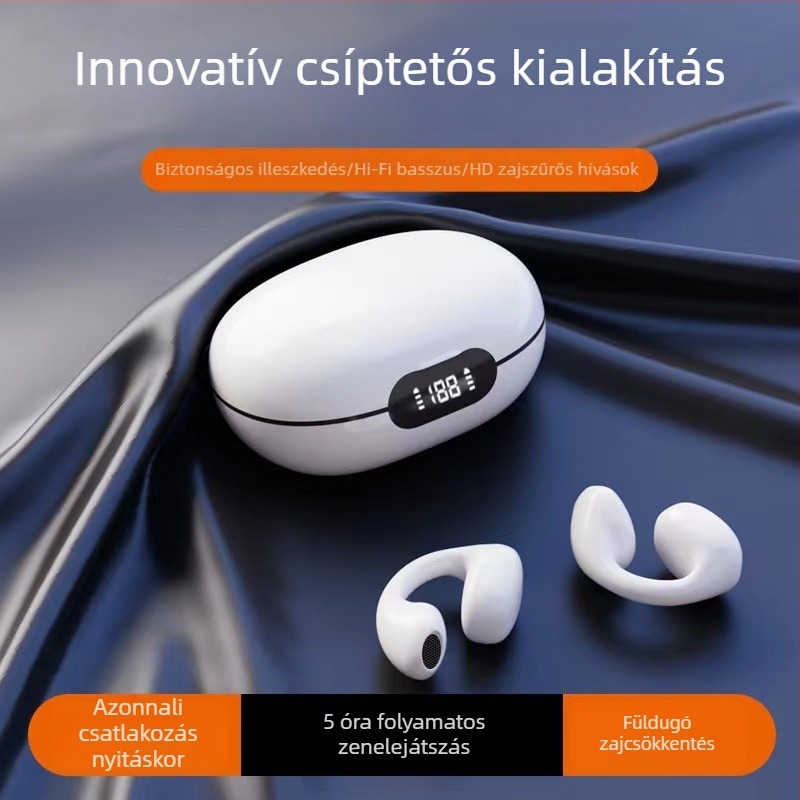 Vezeték nélküli Bluetooth fülhallgató csontvezetéses technológiával, fülcsipesz dizájn, fájdalommentes viselés, hosszú üzemidő, sporthoz és futáshoz vízálló.