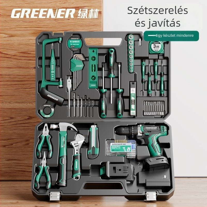 Elektromos fúróhoz tartozó szerszámkoffer és teljes otthoni szerszámkészlet villanyszerelőknek és ácsoknak