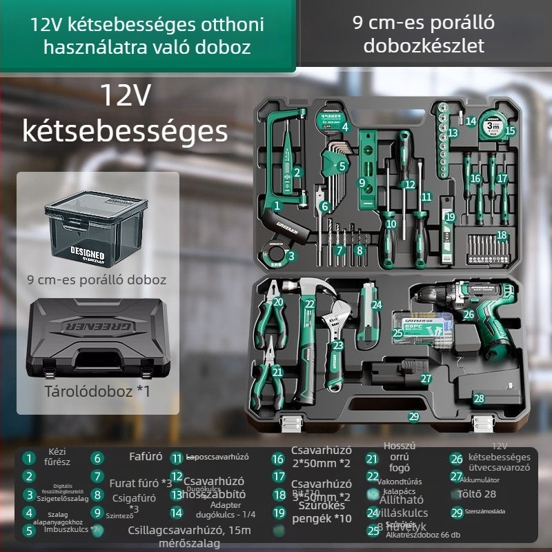 Elektromos fúróhoz tartozó szerszámkoffer és teljes otthoni szerszámkészlet villanyszerelőknek és ácsoknak