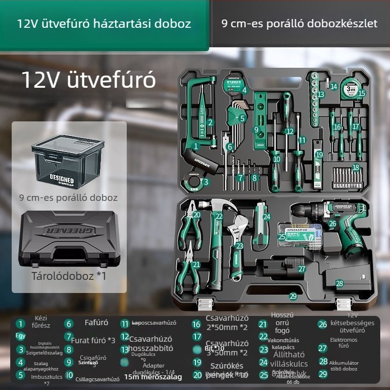 Elektromos fúróhoz tartozó szerszámkoffer és teljes otthoni szerszámkészlet villanyszerelőknek és ácsoknak