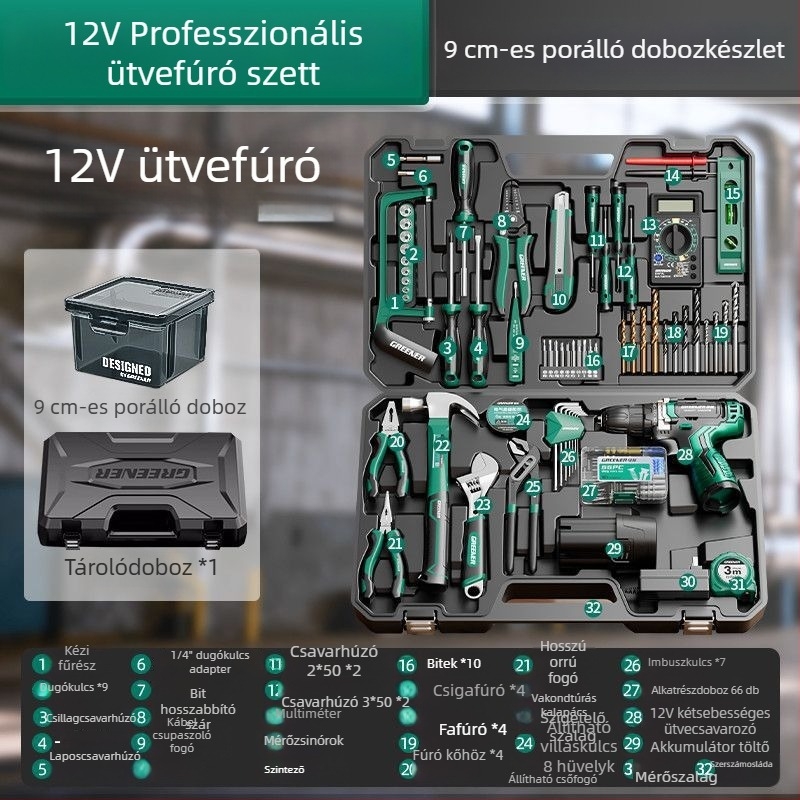 Elektromos fúróhoz tartozó szerszámkoffer és teljes otthoni szerszámkészlet villanyszerelőknek és ácsoknak