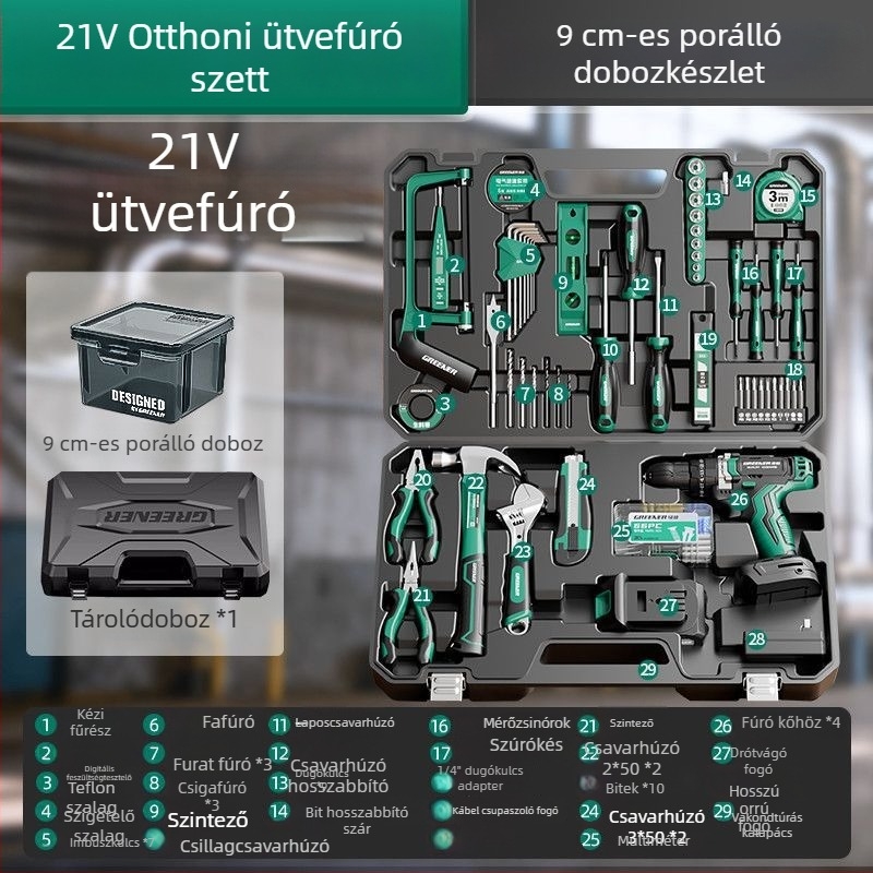 Elektromos fúróhoz tartozó szerszámkoffer és teljes otthoni szerszámkészlet villanyszerelőknek és ácsoknak