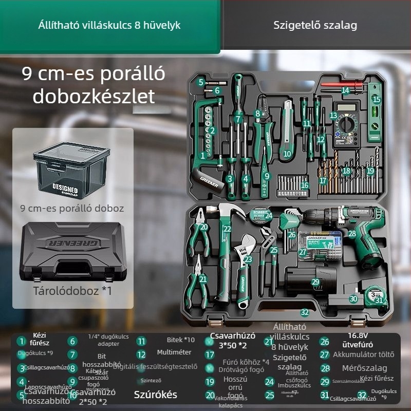 Elektromos fúróhoz tartozó szerszámkoffer és teljes otthoni szerszámkészlet villanyszerelőknek és ácsoknak
