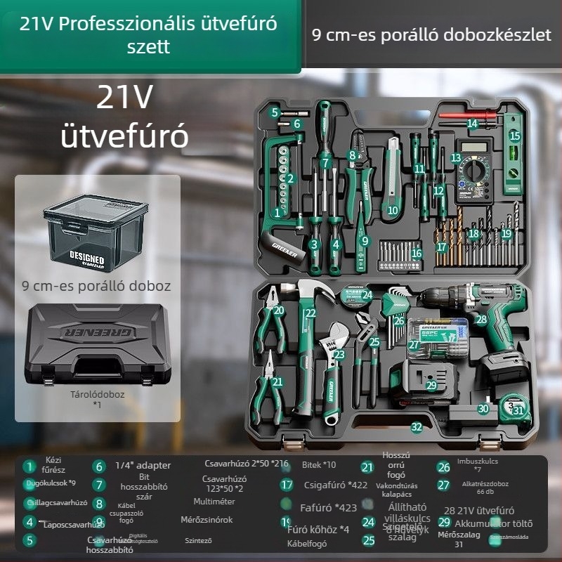 Elektromos fúróhoz tartozó szerszámkoffer és teljes otthoni szerszámkészlet villanyszerelőknek és ácsoknak