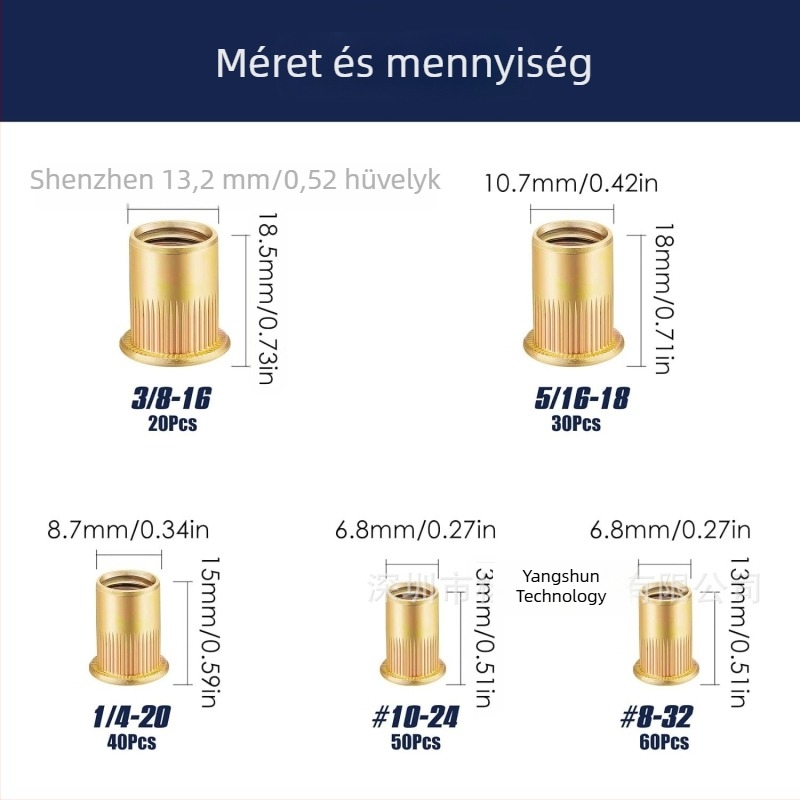 200 darabos rivet nuts készlet, lapos fejű, bordázott felülettel, szénacél, galvanizált, brit szabvány