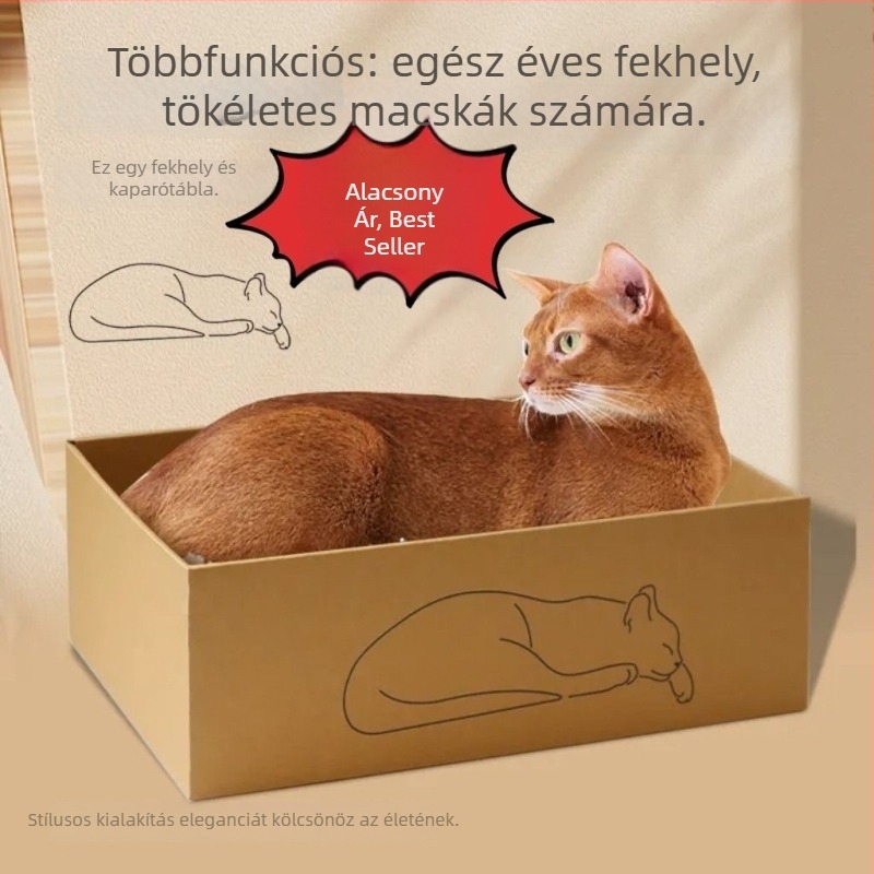 Extra nagy karton macskaház karmoló deszkával, karmolásálló