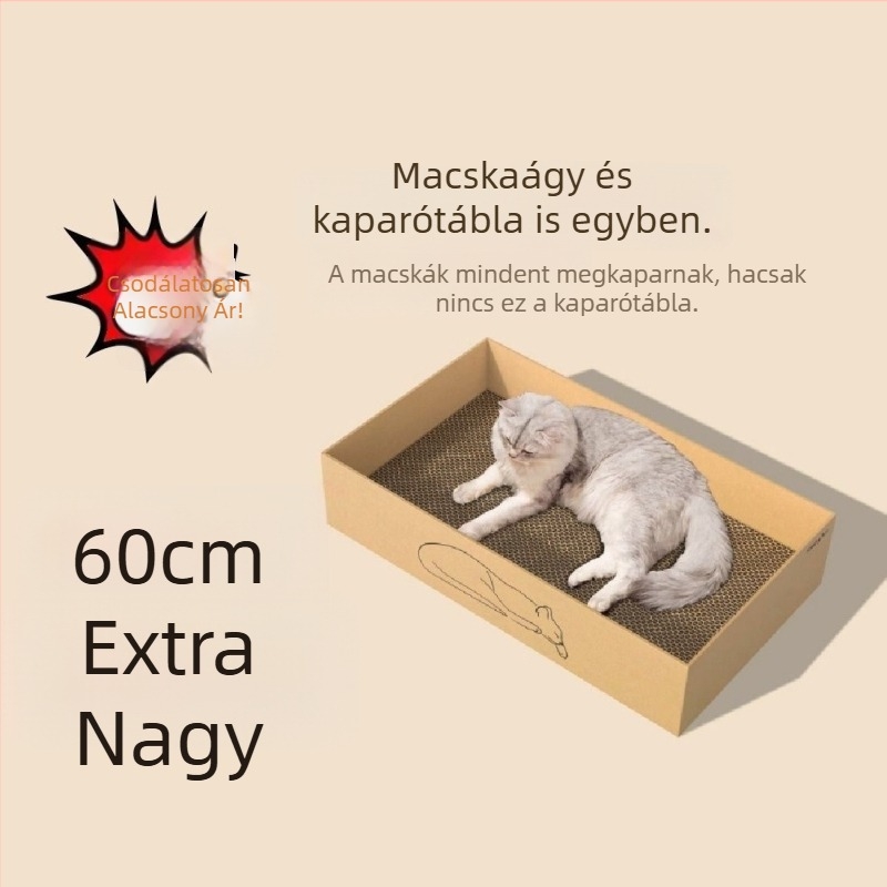 Extra nagy karton macskaház karmoló deszkával, karmolásálló