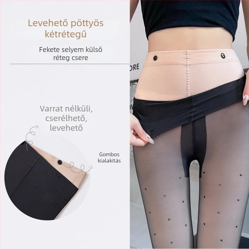 Velúr anyagú, kettős rétegű leválasztható harisnyanadrág szív‑mintás pöttyökkel, fleece‑szel bélelt, tejfehér színben, ősz–télre