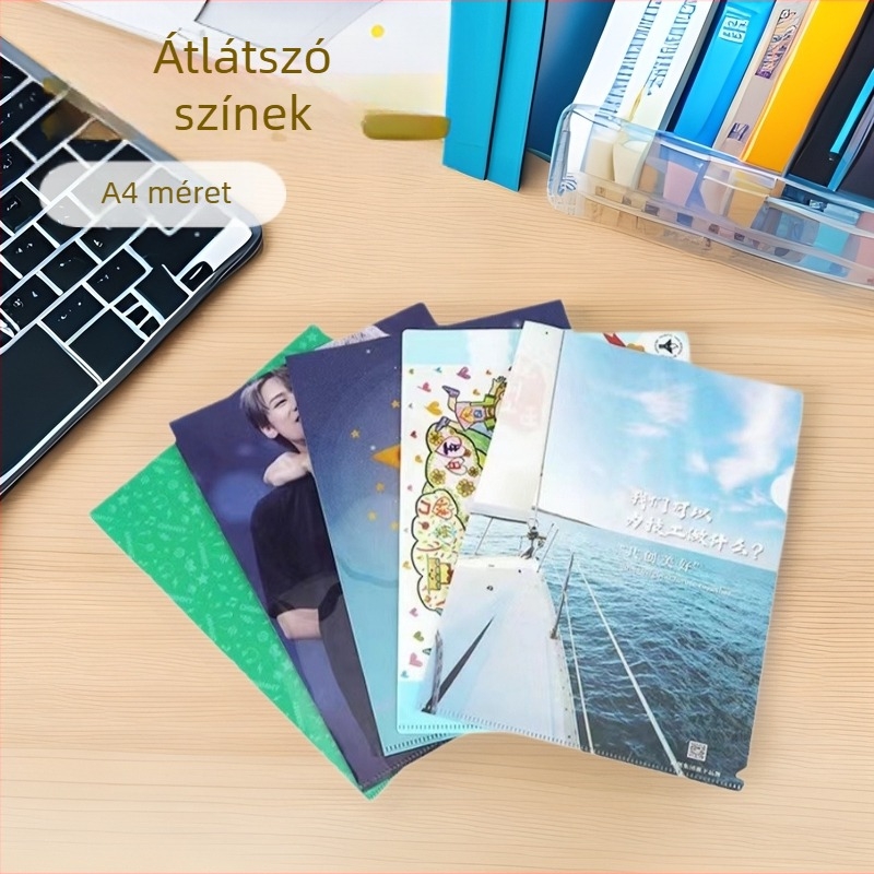 L alakú műanyag mappa A4 méretben, egyoldalú csíptetővel, egyedi logóval, anime stílus
