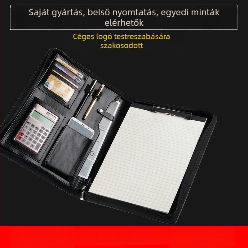 A4-es zipzáros PU bőr menedzseri mappa, többfunkciós üzleti irattartó személyre szabható