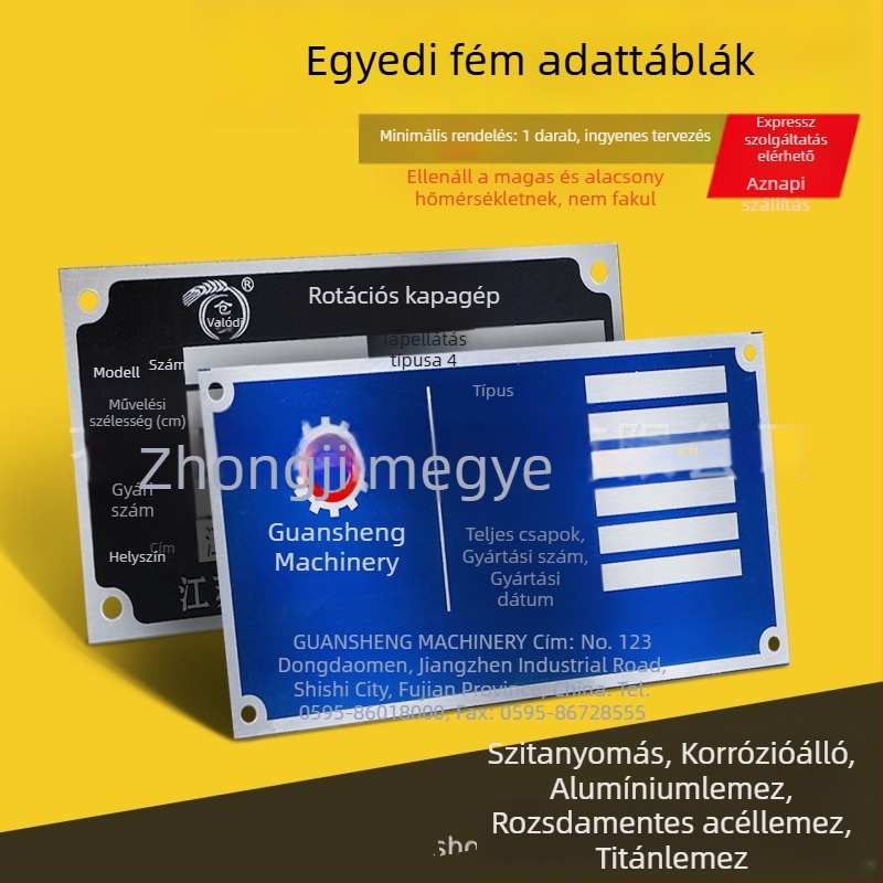 Egyedi alumínium és rozsdamentes acél jelölések gépészeti berendezésekhez – szitanyomásos névtáblák és fém ajtótáblák