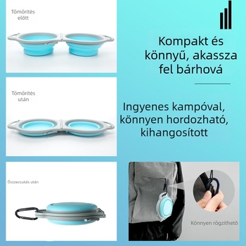 Kempingezéshez és túrázáshoz használható hajtogatható, hordozható dupla etető- és itatótál kutyáknak és macskáknak, csöpögésmentes
