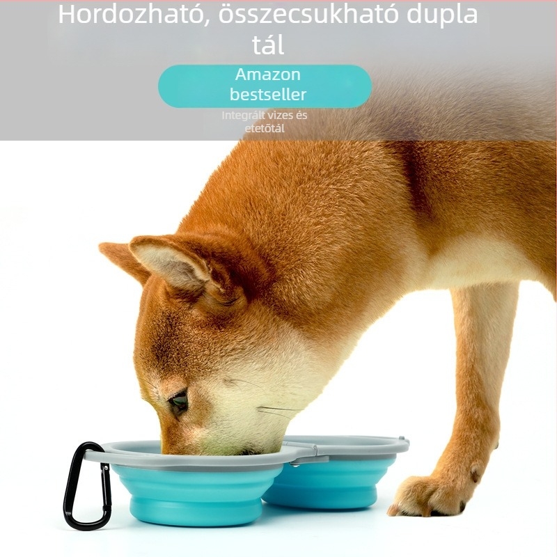 Kempingezéshez és túrázáshoz használható hajtogatható, hordozható dupla etető- és itatótál kutyáknak és macskáknak, csöpögésmentes