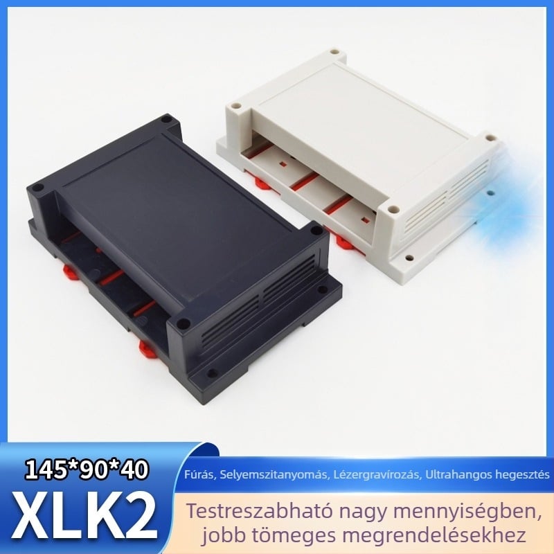 XLK-2 PLC ipari vezérlő doboz műanyag ház, méretek 145 × 90 × 40 mm, fúrt lyukakkal
