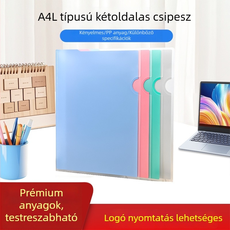 L-alakú, kétoldalas irodai mappa PP műanyag dokumentum mappa, testreszabható (A4, 220×310 mm)