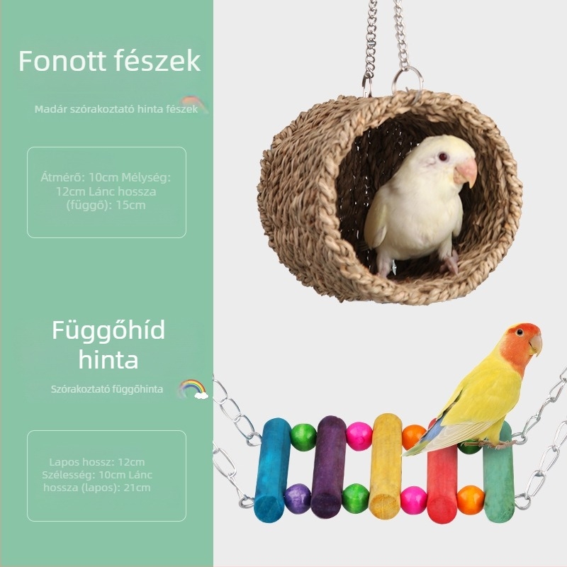 Fából készült többállat-játék készlet madarak és kisemlősök számára meleg odúval, hintával és mászó létrával