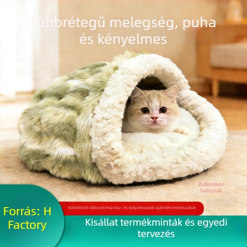 Téli zárt meleg házikó macskáknak és kiskutyáknak, buborékos alvófészek, levehető és mosható, mintaminta alapján testre szabható