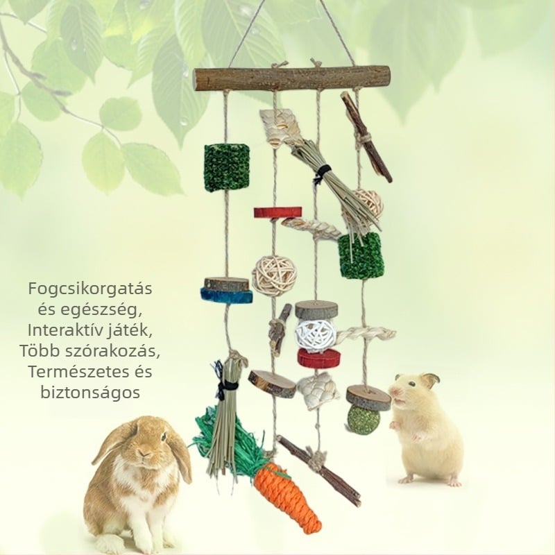 Hörcsög játékok: arany hörcsög, lógó rágókészlet kukoricacsutkával, almafa, ágak és rattan fűgolyóval