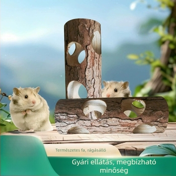 Fából készült hörcsög játszóalagút csővel és lyukakkal - harapós játék kisállatok számára
