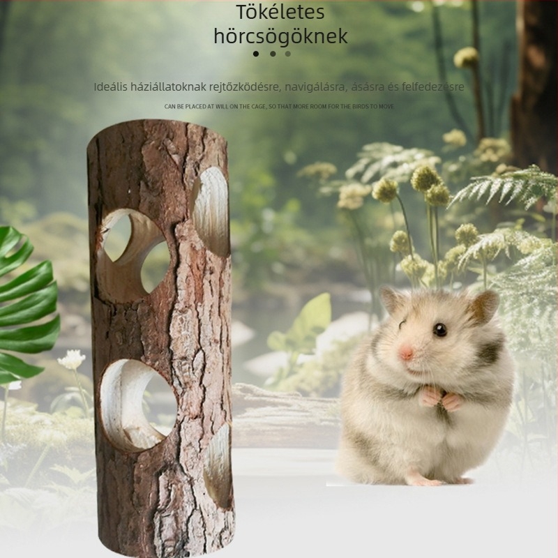 Fából készült hörcsög játszóalagút csővel és lyukakkal - harapós játék kisállatok számára