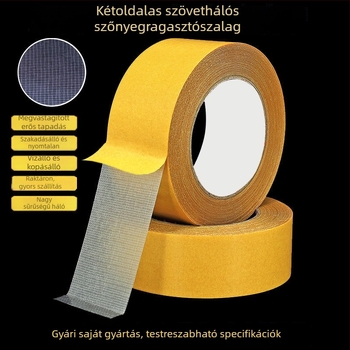 Kétoldalas szövetalapú ragasztószalag, magas viszkozitású, esküvői és kiállítási szőnyegekhez, nyom nélkül rögzíthető.