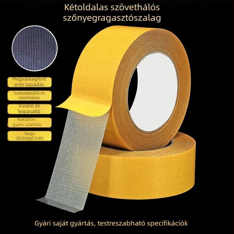 Kétoldalas szövetalapú ragasztószalag, magas viszkozitású, esküvői és kiállítási szőnyegekhez, nyom nélkül rögzíthető.