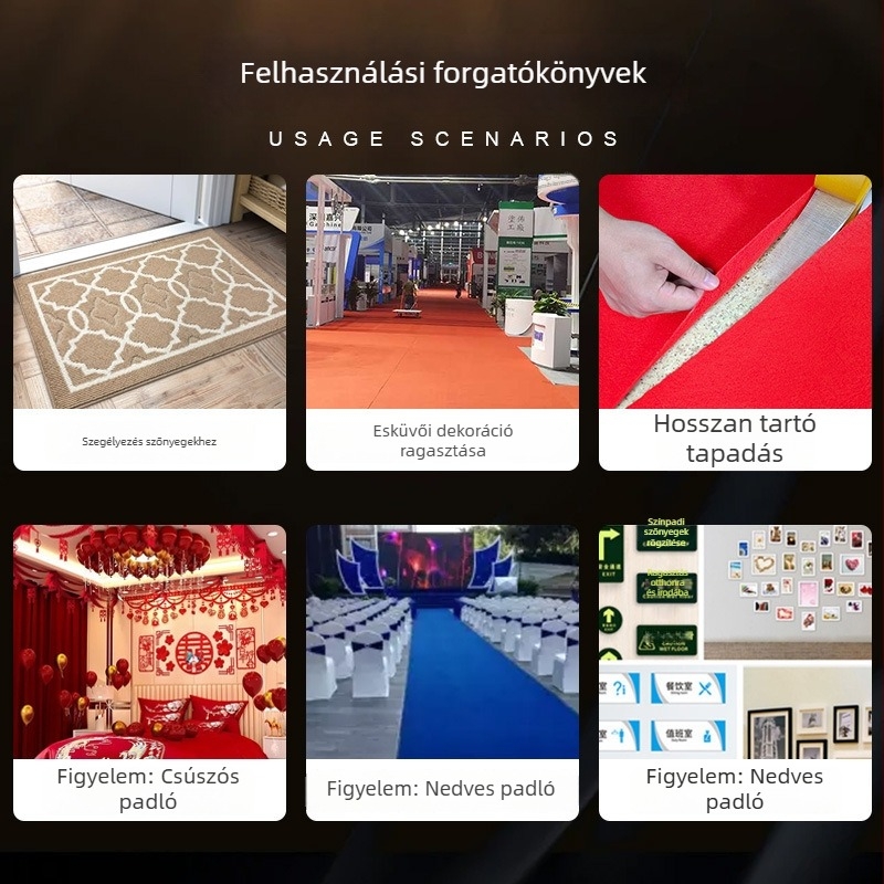 Kétoldalas szövetalapú ragasztószalag, magas viszkozitású, esküvői és kiállítási szőnyegekhez, nyom nélkül rögzíthető.