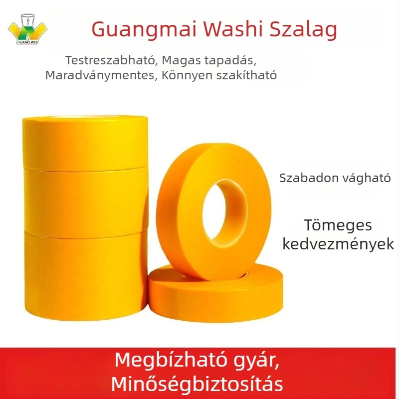 Magas viszkozitású Washi-szalag, texturált papír, sárga, szélesség 10–50 mm, hossz 20–50 m, ragasztó nyom nélkül, beltéri dekorációhoz