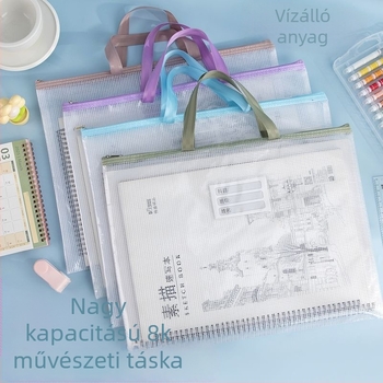 Kétszintes A3 irattartó táska átlátszó cipzárral, nejlon háló anyagból, rajzlapokhoz és iskolai feladatokhoz