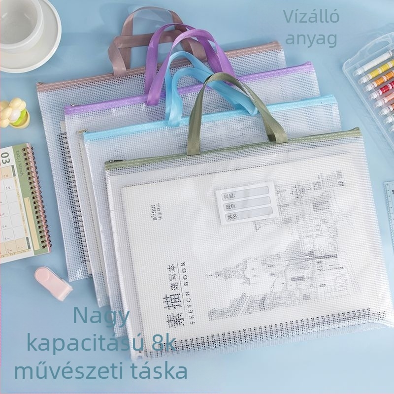 Kétszintes A3 irattartó táska átlátszó cipzárral, nejlon háló anyagból, rajzlapokhoz és iskolai feladatokhoz