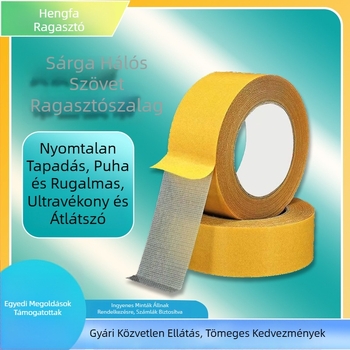 Textil alapú, hálós szerkezetű, átlátszó kétoldalas ragasztószalag, erős tapadással kárpitra és padlóra.
