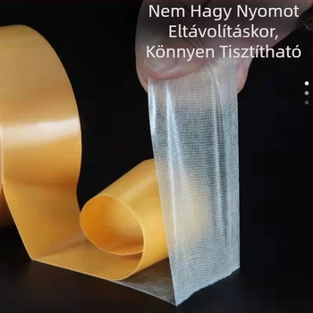 Textil alapú, hálós szerkezetű, átlátszó kétoldalas ragasztószalag, erős tapadással kárpitra és padlóra.