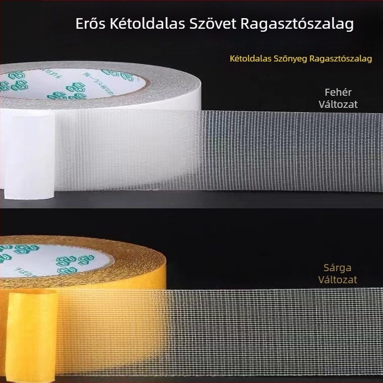Textil alapú, hálós szerkezetű, átlátszó kétoldalas ragasztószalag, erős tapadással kárpitra és padlóra.