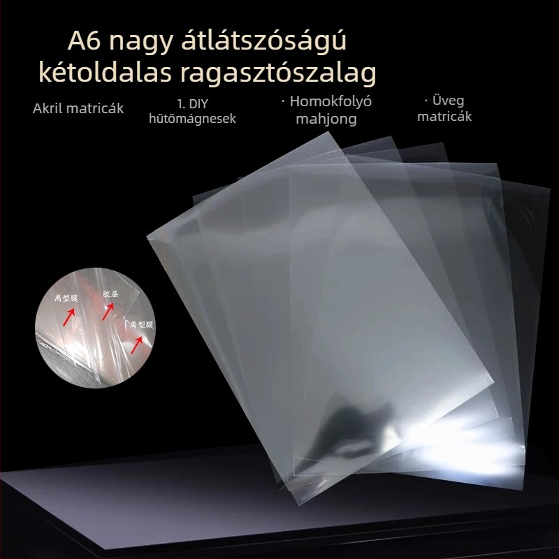 A4 méretű, átlátszó kétoldalas ragasztó fólia, erős tapadással, akril PET anyagból, képekhez, hőálló, maradék nélkül