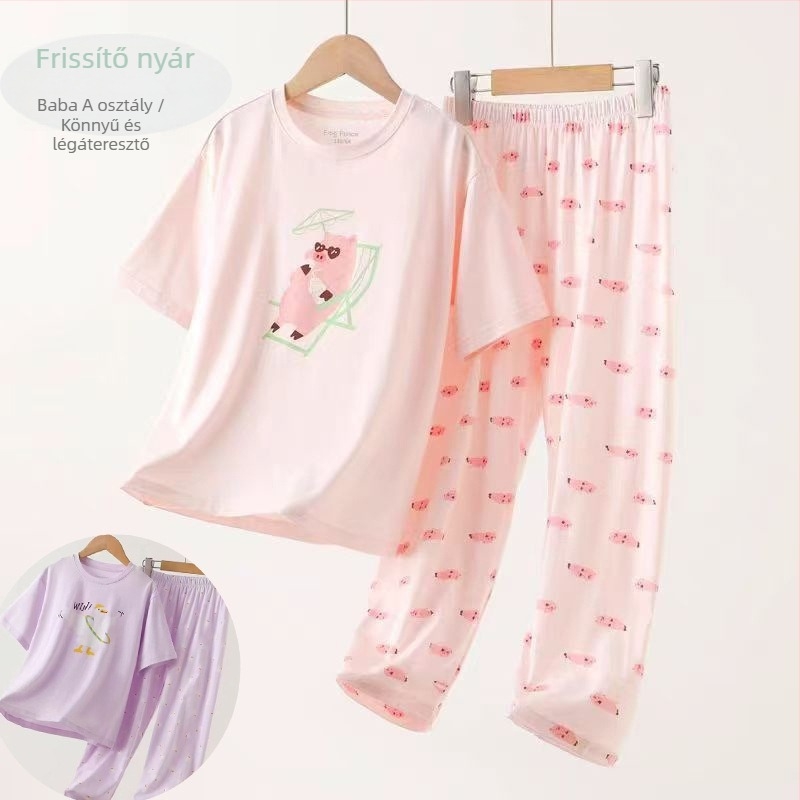 Kislányok számára gyerek pizsama szett animációs mintával, nyár, vékony, légáteresztő, rövid ujjú, két darabos