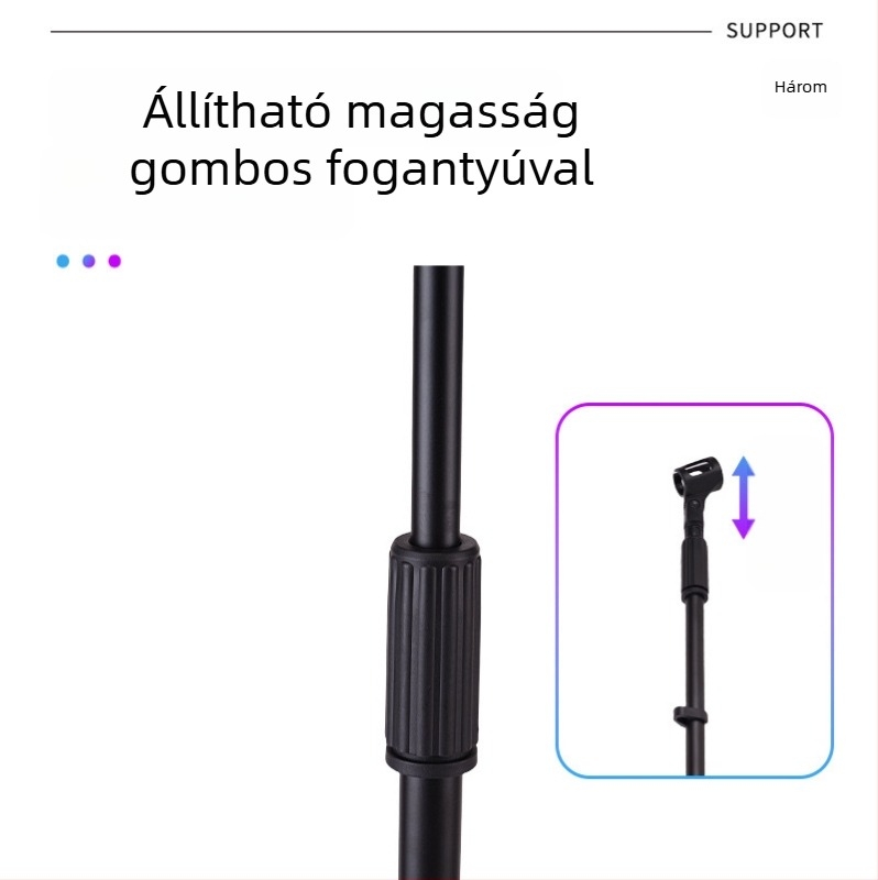 Állítható magasságú háromlábú mikrofontartó állvány élő közvetítésekhez és karaokés előadásokhoz