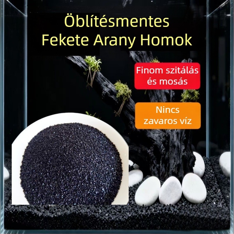 Fekete aranyhomok akváriumokhoz – aljzat az akváriumi tájképhez díszhalakkal és guppikkal