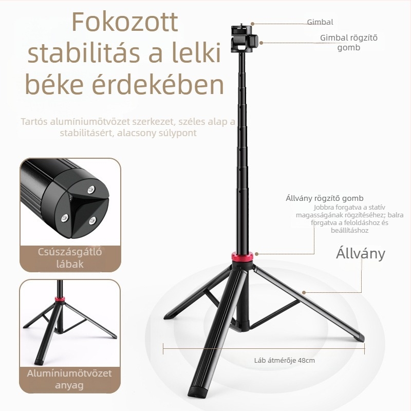 Kültéri, 2 m magas padlón álló állvány négy szakaszos magasságállítással, megerősített tartó telefontartóval, teleszkópos, hordozható