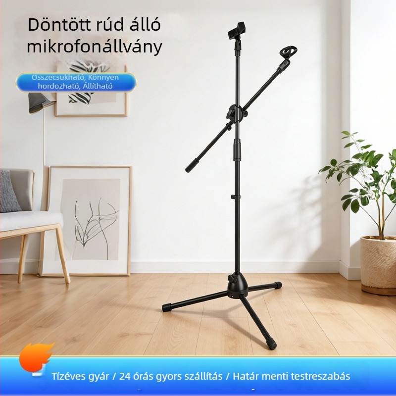 Padlóra álló mikrofonállvány teleszkópos karral, élő közvetítéshez, karaoke-hoz és színpadi előadásokhoz, mobiltelefonokkal kompatibilis