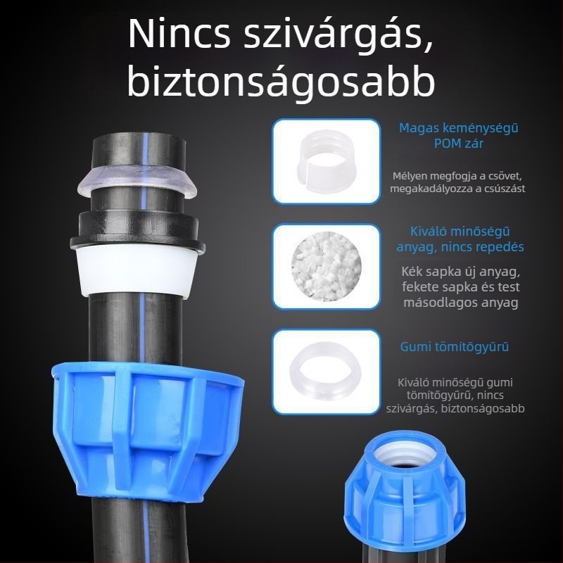 Golyóscsap öntözési vízcsőhöz, hőmentes kapcsolattal, egyenes könyök, PE kék sapkás gyorscsatlakozó